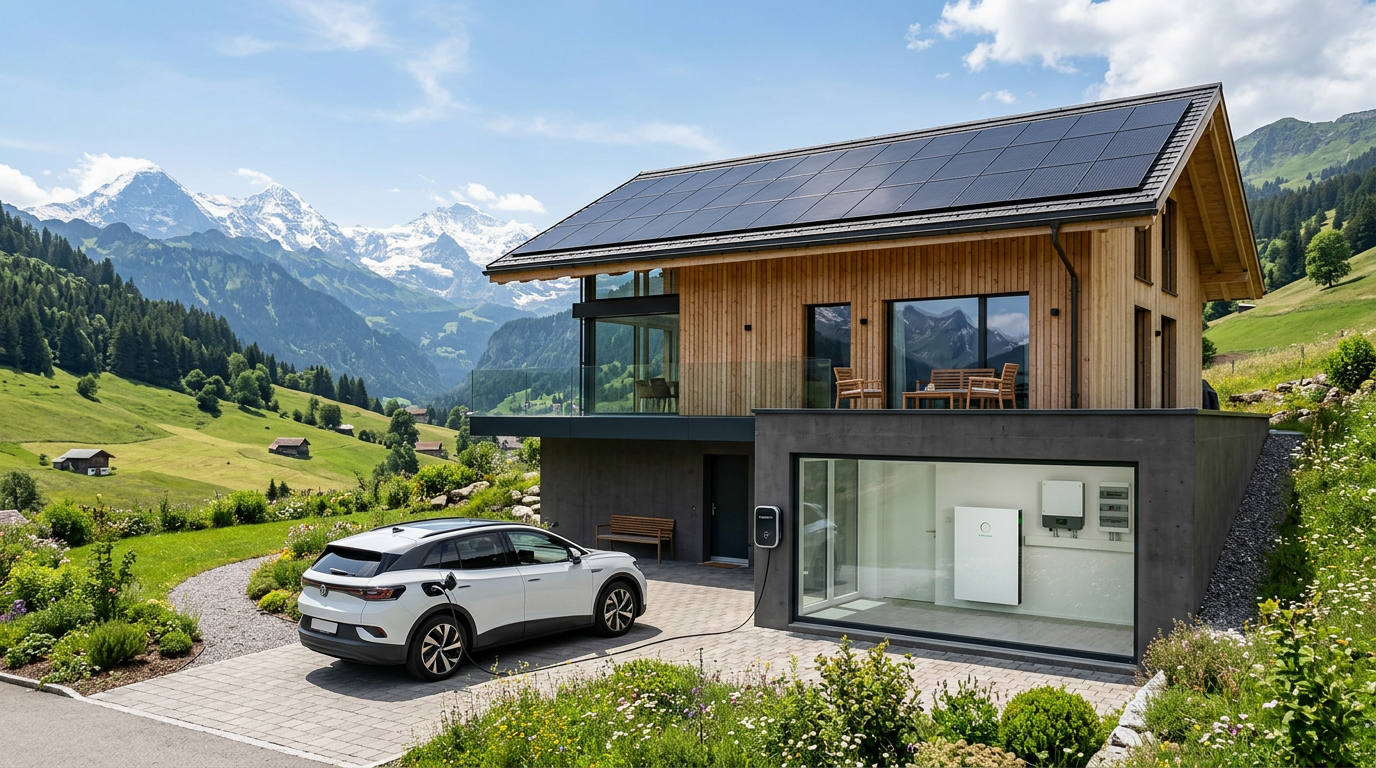Moderne Solaranlage, Batteriespeicher und Wallbox an einem Schweizer Einfamilienhaus