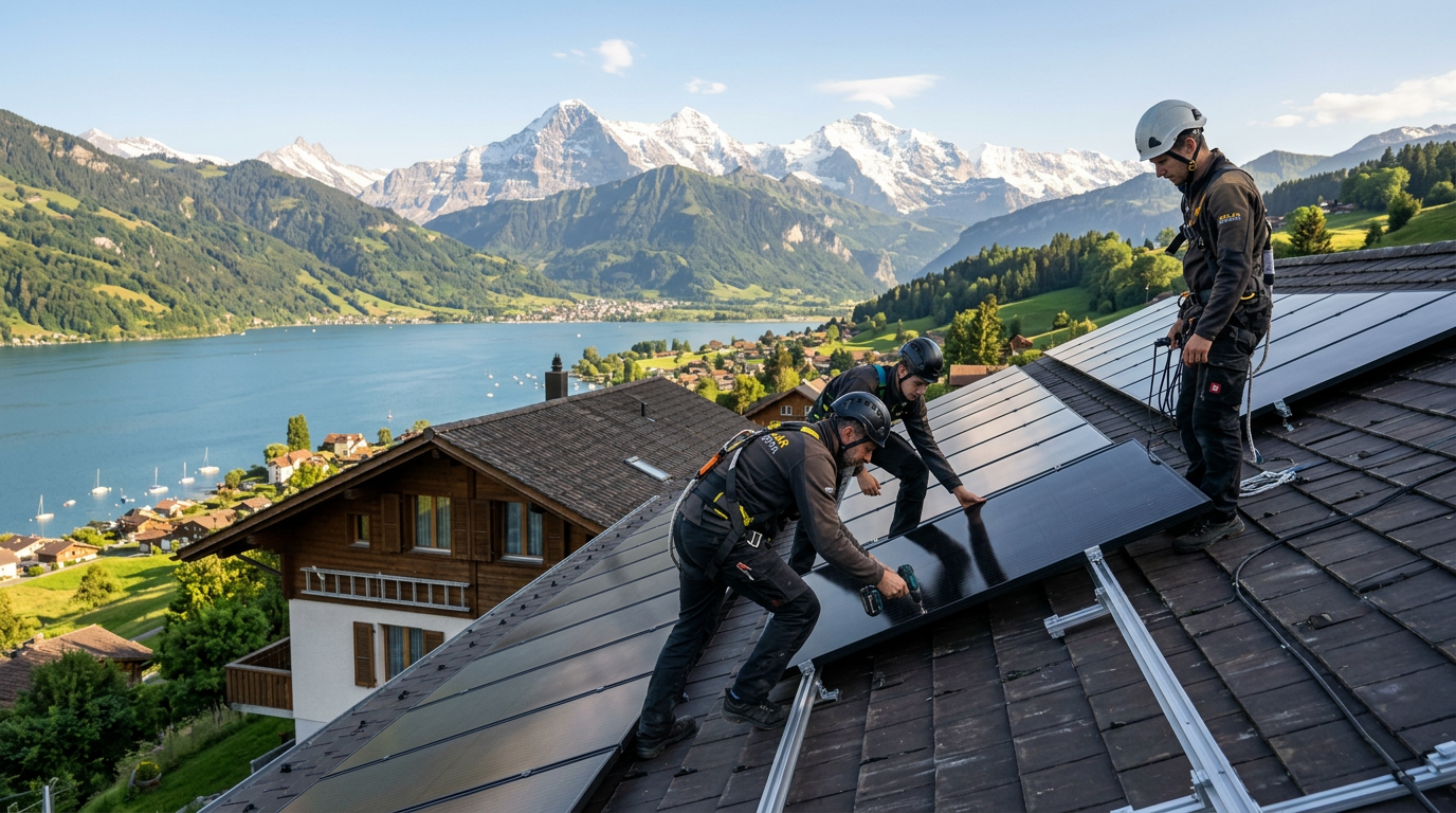 Professionelle Solarinstallation auf einem Schweizer Dach – Techniker montieren Photovoltaik-Panels, Alpenpanorama im Hintergrund