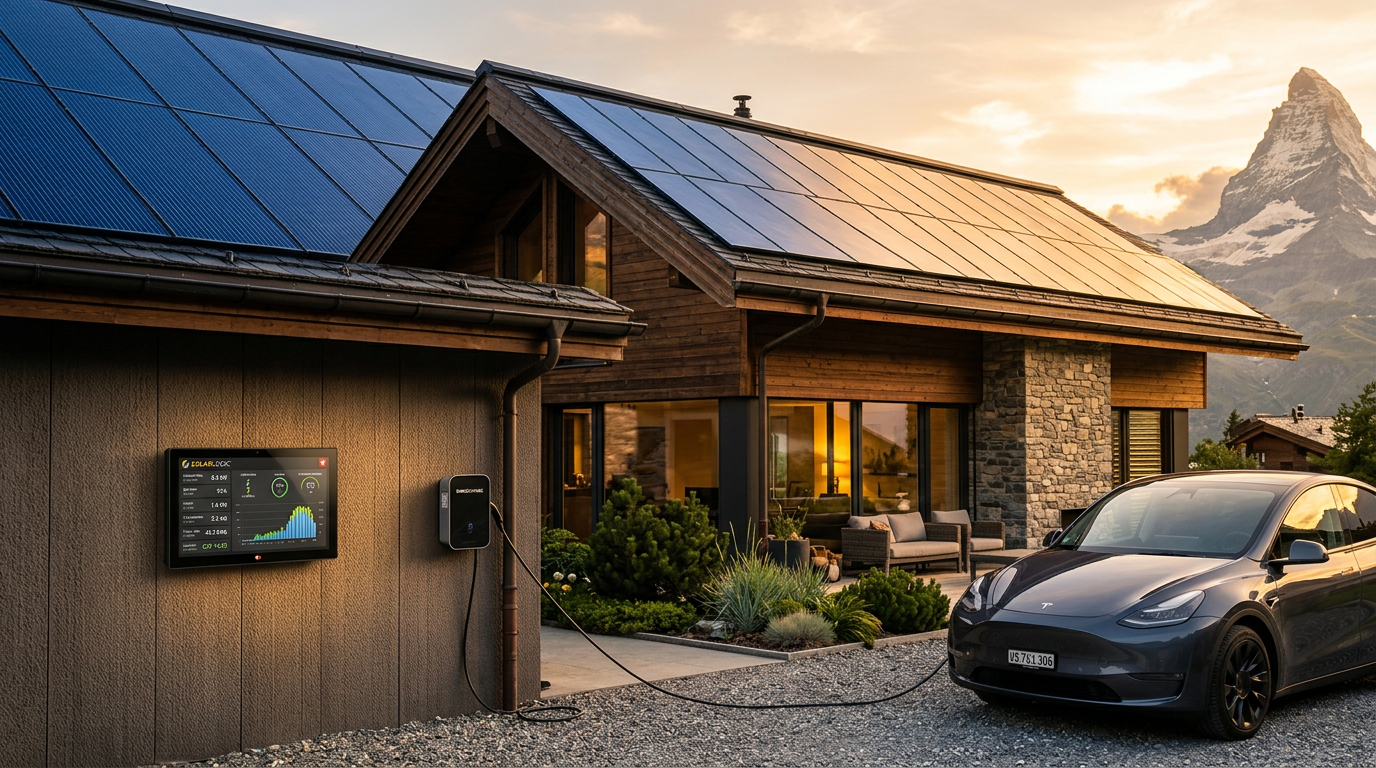 Modernes Premium-Eigenheim mit Solartechnologie, Batteriespeicher und E-Mobilität in der Schweiz