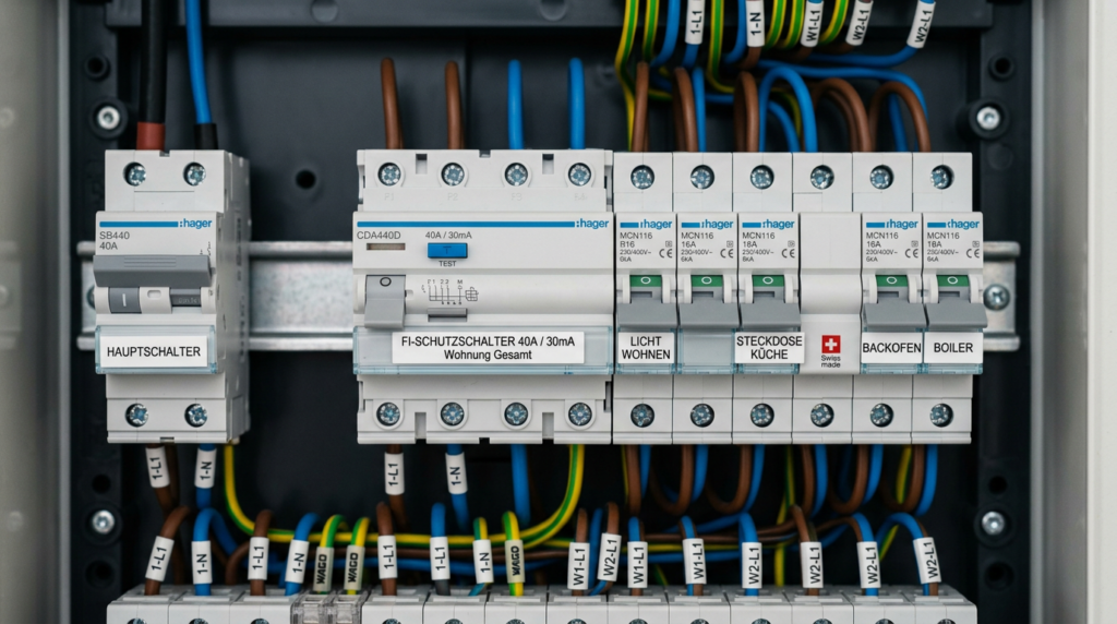 Moderne Elektroverteilung mit Sicherungen und FI-Schutzschaltern